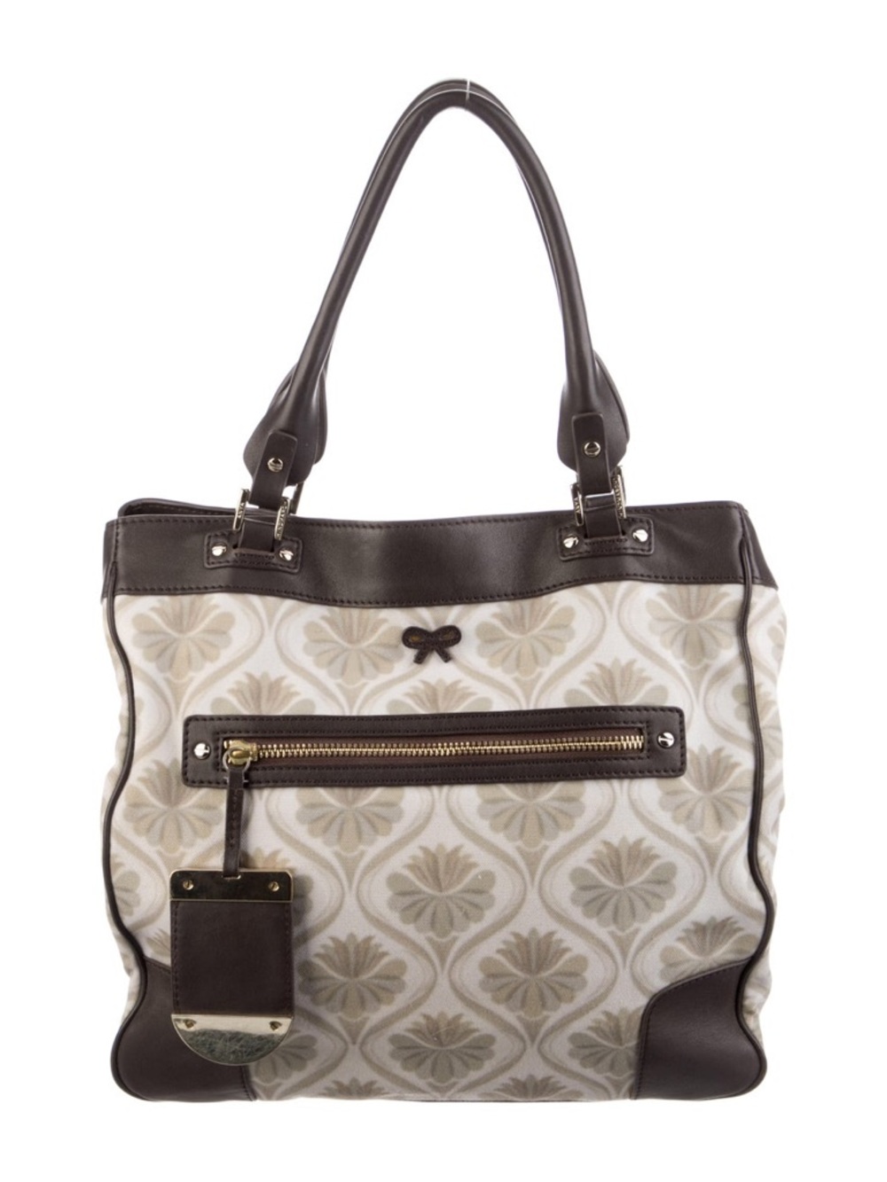 Anya Hindmarch Cream and Brown Floral Canvas Tote with Brown Leather Trim